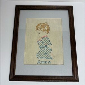 Framed Vintage Cross-Stitch Praying Baby Boy in newer frame